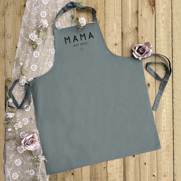 Personalised Mama Apron With Date in Sage Green and Green