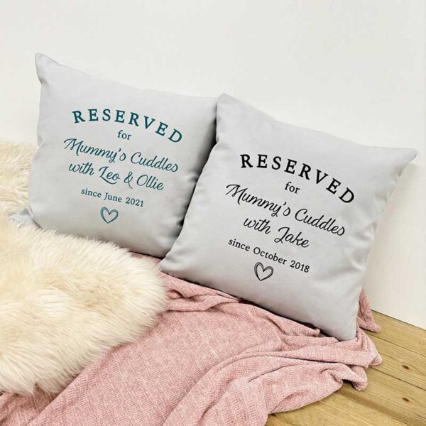 Personalised Mum Cushion - Reserved For Mummy Cuddles in Blue and Black