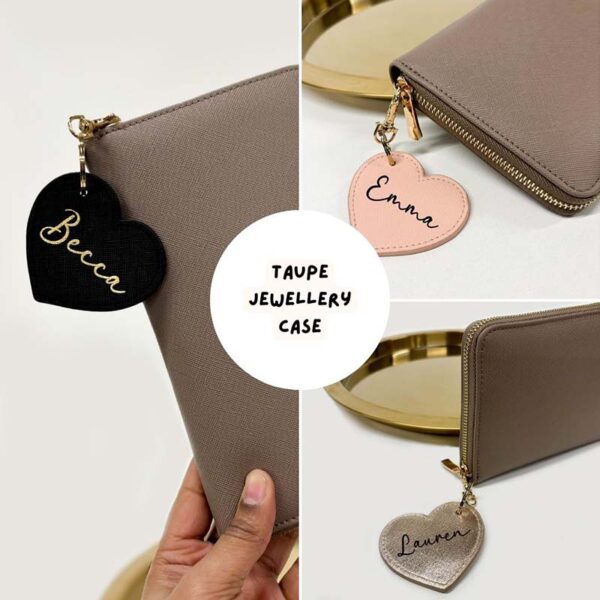 Personalised Jewellery Case in Taupe With Soft Pink, Rose Gold and Black Keyrings