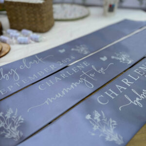 Personalised Baby Shower Sashes in Dusty Lavender with White Vinyl Print