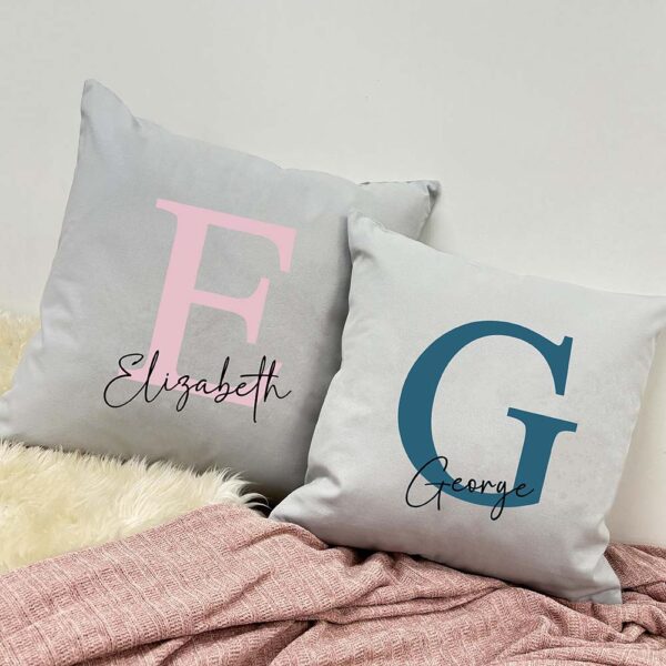 Personalised Cushion With Name in Grey Pink and Blue